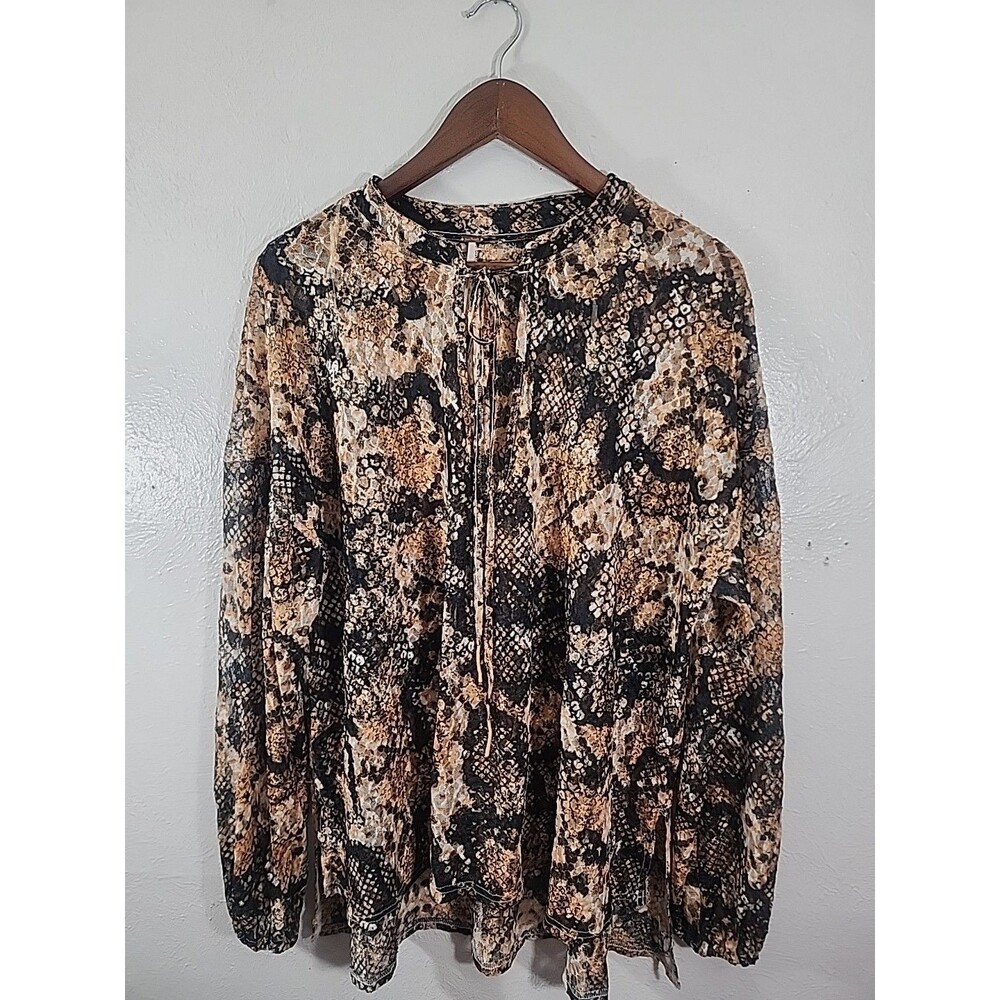 Free People Snakeskin Print Long Sleeve Blouse in Black and Brown
